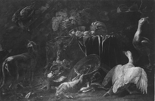 Stilleven met vruchten en een dode haas, omringd door levende dieren, 1650, Pieter Boel