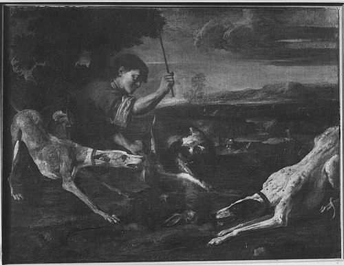 Landscape with a hunter and three dogs that kill a rabbit, 1648, Pieter Boel