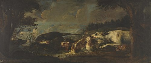 Otter harassed by dogs, 1601, Pieter Boel