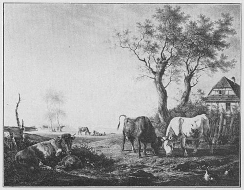 Kämpfende Kühe bei einem Gehöft, 1815, Carl Kuntz