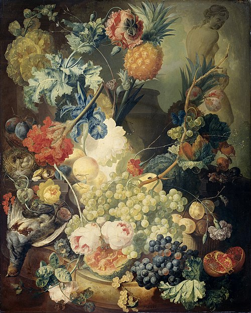 Stilleven met bloemen, vruchten en gevogelte, 1774, Jan van Os