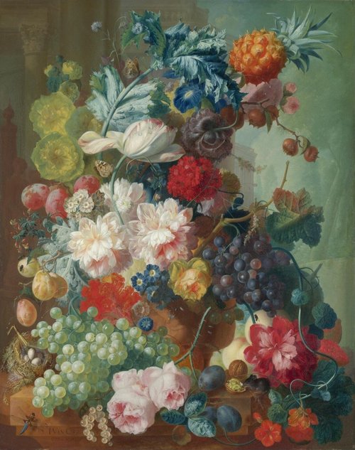Fruit and Flowers in a Terracotta Vase, 1777, Jan van Os