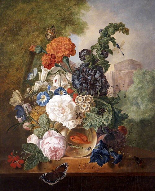 Flowers in a Goldfish Bowl in a Landscape with a Tower, 1786, Jan van Os