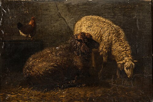 Two sheep and a hen in a stable, 1850, Louis Robbe