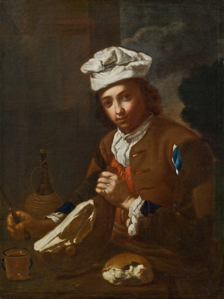 Bildnis eines Knabens mit Schinken, Brot, Korbflasche und Glas., 1738, Antonio Amorosi