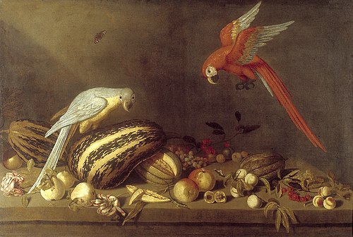 Still life with fruit, flowers and two parrots, 1635, Ambrosius Bosschaert le Jeune