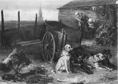 Rustende honden voor een viskar, 1850, Charles Rochussen
