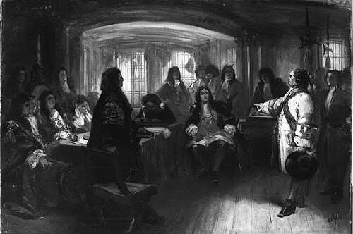 Anno 1690. Schout-bij-nacht Schey verwijt lord Torrington voor de krijgsraad het verlies van de slag, 1861, Charles Rochussen