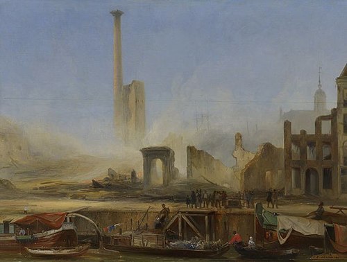 Gezicht op de Leuvehaven Wz na de brand bij de stoomsuikerraffinaderij van P.H. Tromp, 1849, Charles Rochussen