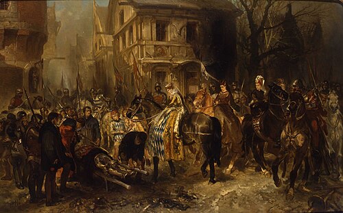 Jacoba van Beieren, het veroverde Gorcum binnentrekkende, ontmoet het lijk van Willem van Arkel, 1869, Charles Rochussen