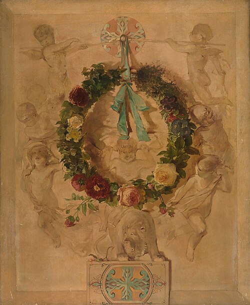 Engelengroep met bloemkrans (dessus de porte), 1861, Charles Rochussen