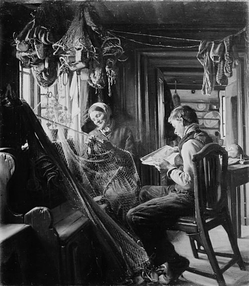 Moder og søn. Interiør fra et fiskerhus, 1879, Viggo Johansen