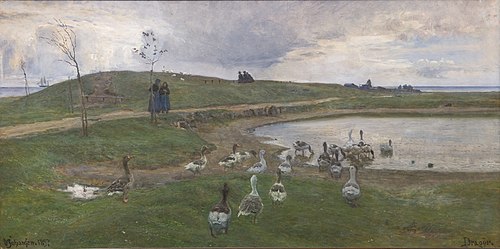 Gæs ved en sø. Mod uroligt vejr. Dragør, 1897, Viggo Johansen