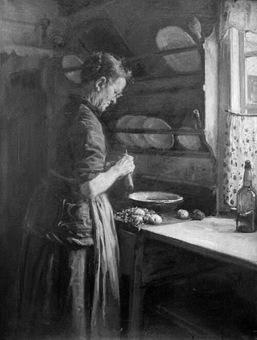 I køkkenet. Tante Nanna skræller kartofler, 1884, Viggo Johansen