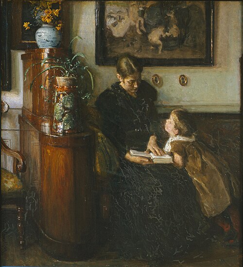 Moder skal læse. Kunstnerens hustru og barn, 1893, Viggo Johansen
