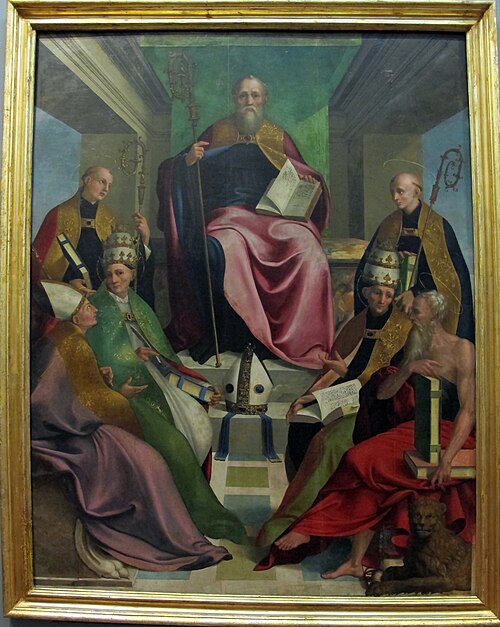 san benedetto in cattedra tra i dottori della chiesa, 1550, Andrea Sabatini