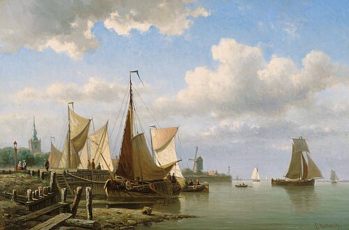 Beurtschepen aan een kade van de Schie bij Overschie, 1892, Everhardus Koster