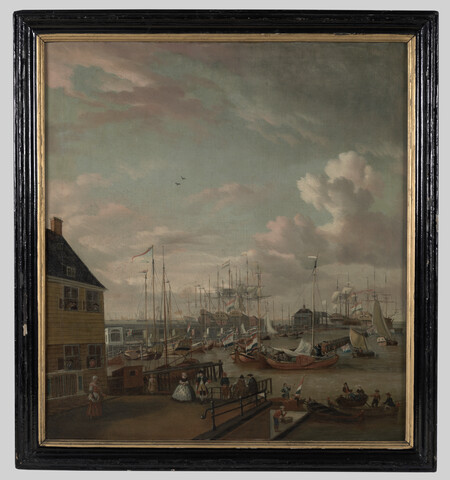 De oude jachthaven met de oude stadsherberg aan het IJ te Amsterdam, 1750, Johannes de Blaauw