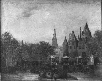 Gezicht op de vismarkt en het waaggebouw op de Nieuwmarkt, 1848, Jan Simon Voddigel