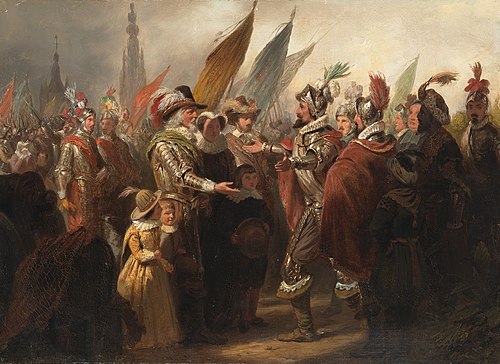 Anno 1625. Spinola wenst de Nederlandse krijgsoversten na de inneming van Breda geluk met hun kloekh, 1855, Jan Wendel Gerstenhauer Zimmerman