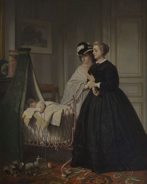 Portret van twee onbekende vrouwen bij wiegekind, 1863, Johannes Cornelius Mertz