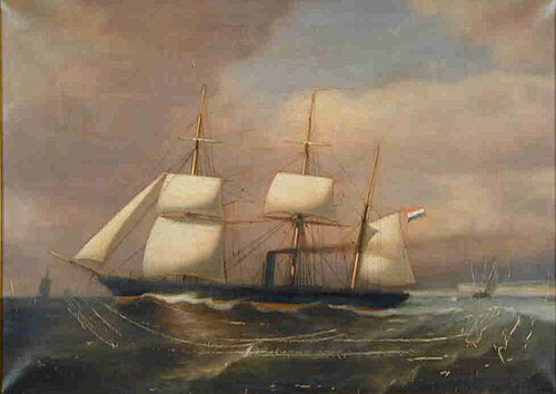 Het schroefstoomschip 4e klasse Zr.Ms. Riouw varend onder stoom en zeil, 1874, Petrus Paulus Schiedges