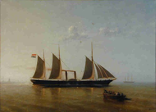 Het raderstoomschip 1e klasse Zr.Ms. Valk varende onder stoom en zeil, 1874, Petrus Paulus Schiedges