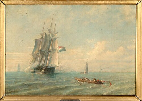 Een Nederlands oorlogsfregat met het geschut saluerende, 1867, Petrus Paulus Schiedges