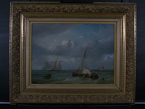 Havenmond met geankerde hektjalk, 1864, Petrus Paulus Schiedges