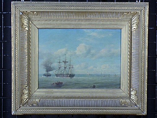 Uitvarend fregatschip met radersleepboot, 1864, Petrus Paulus Schiedges