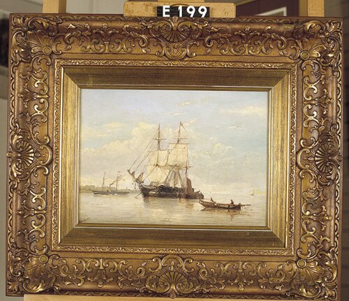 Riviergezicht met schoener voor anker, 1857, Petrus Paulus Schiedges