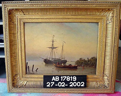 Aangemeerd schip op een kalme rivier, , Petrus Paulus Schiedges
