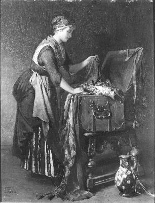 Boerin bij een koffer, stoffen uitzoekend, 1886, Sipke Kool