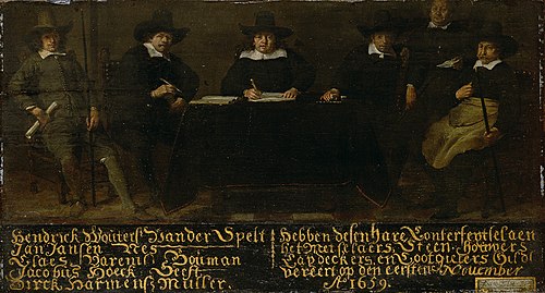 De overlieden of the Metselaars-, Steenhouwers-, Leidekkers- and Loodgietersgilde, Amsterdam, 1659, T. v.d. Elst