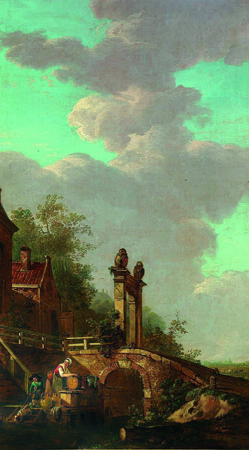 Zomerlandschap met een stenen poort op een brug en twee figuren bij het water, 1795, Abraham van Strij