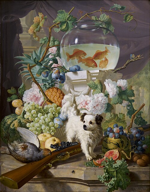 Stilleven met bloemen, fruit en een hond, 1797, Abraham van Strij