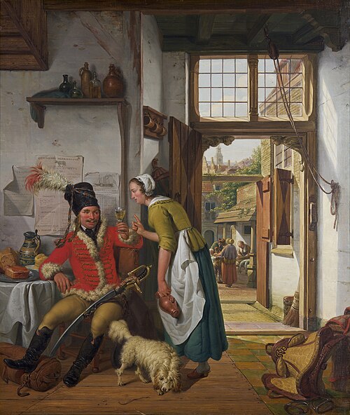 Interieur met soldaat en dienstmeid, 1825, Abraham van Strij
