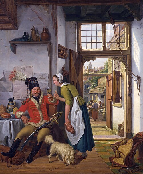 A soldier and a waitress in a tavern, 1825, Abraham van Strij