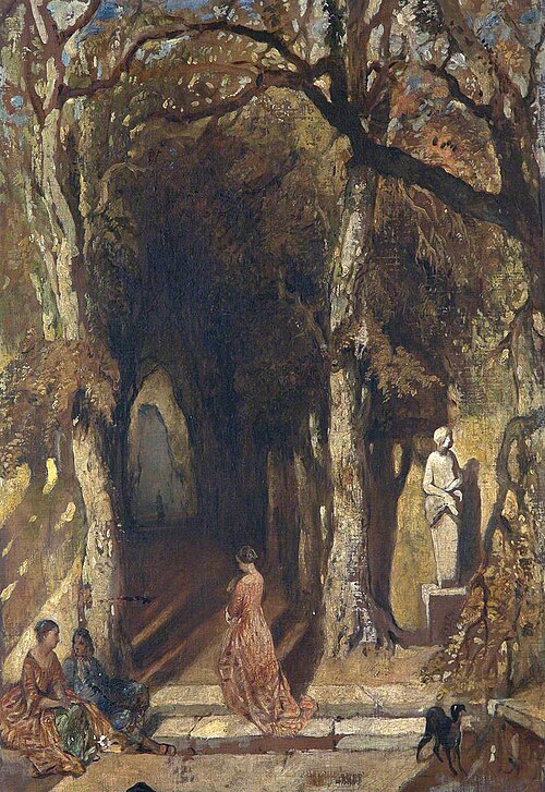 Figures in a Tree-lined Garden, 1866, Thomas Woolner