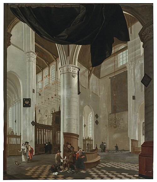 Interior of the Nieuwe Kerk, Delft, with a trompe l'oeil curtain, , Cornelis de Man