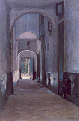 Gang tussen Stadhuis links en Landshuis rechts, gezien naar Grote Kerkhof, 1915, Paul Bodifée