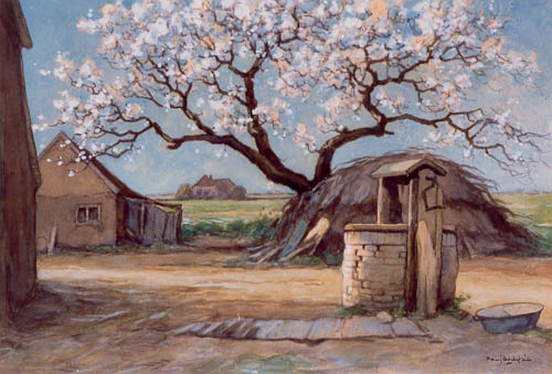 Boerenerf met bloeiende fruitboom en waterput, 1910, Paul Bodifée