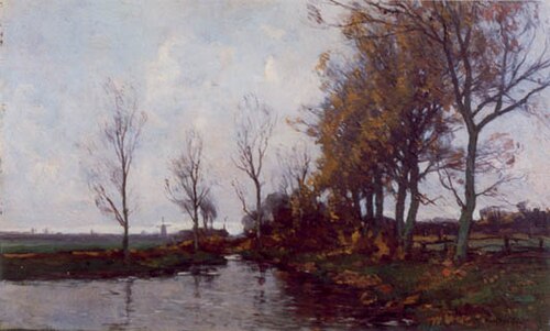 Herfstlandschap met water en rij bomen, 1890, Paul Bodifée