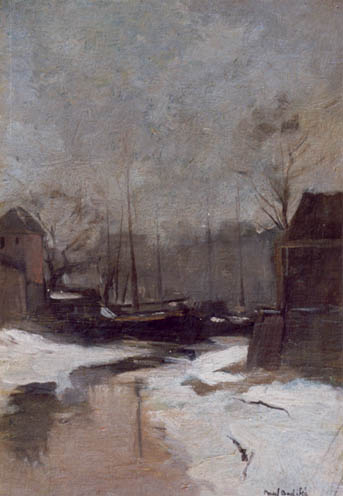 Winters stadgezicht met boten in de haven, 1910, Paul Bodifée