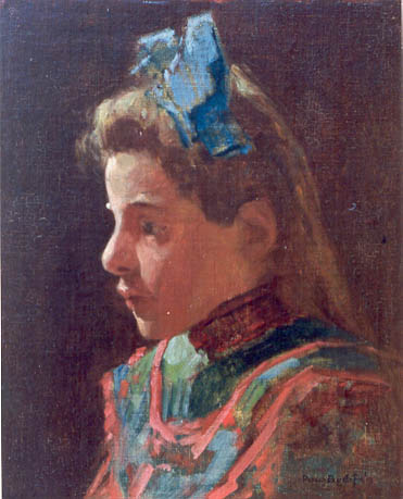Meisjes portret met blauwe strik in het haar, 1915, Paul Bodifée