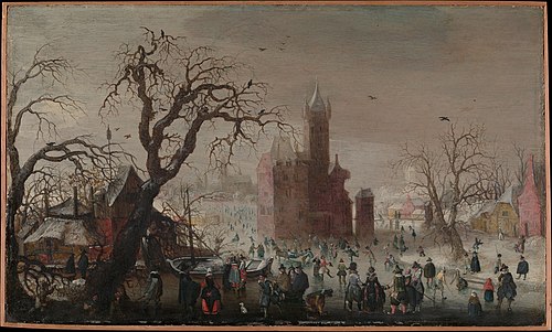 A Winter Landscape with Ice Skaters and an Imaginary Castle, 1615, Christoffel van den Berghe
