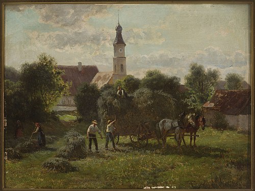 Carting hay with a view of the village and the church, , Adolf van der Venne