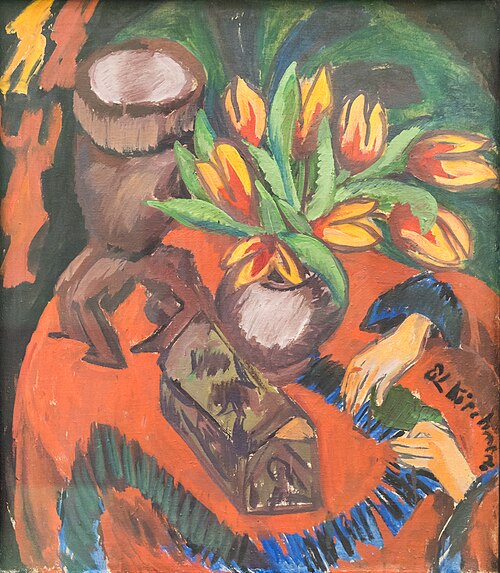 Stilleben mit Tulpen, Exoten und Händen, 1912, Ernst Ludwig Kirchner