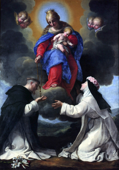 La vierge avec l'enfant remettant un rosaire à saint Dominique en présence de saint Rose de Lima, pa, 1650, Onorio Marinari