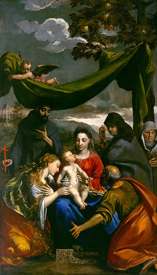 Virgin and Child with Saints Mary Magdalene, Peter, Clare, Francis, and an Abbess, , Scarsellino